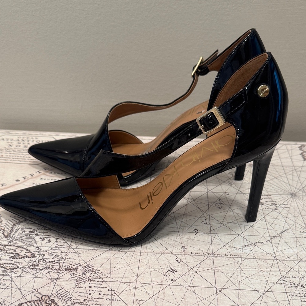 Calvin Klein Black Patent Pointed-Toe Ankle-Strap Pumps - Picture 2 of 4